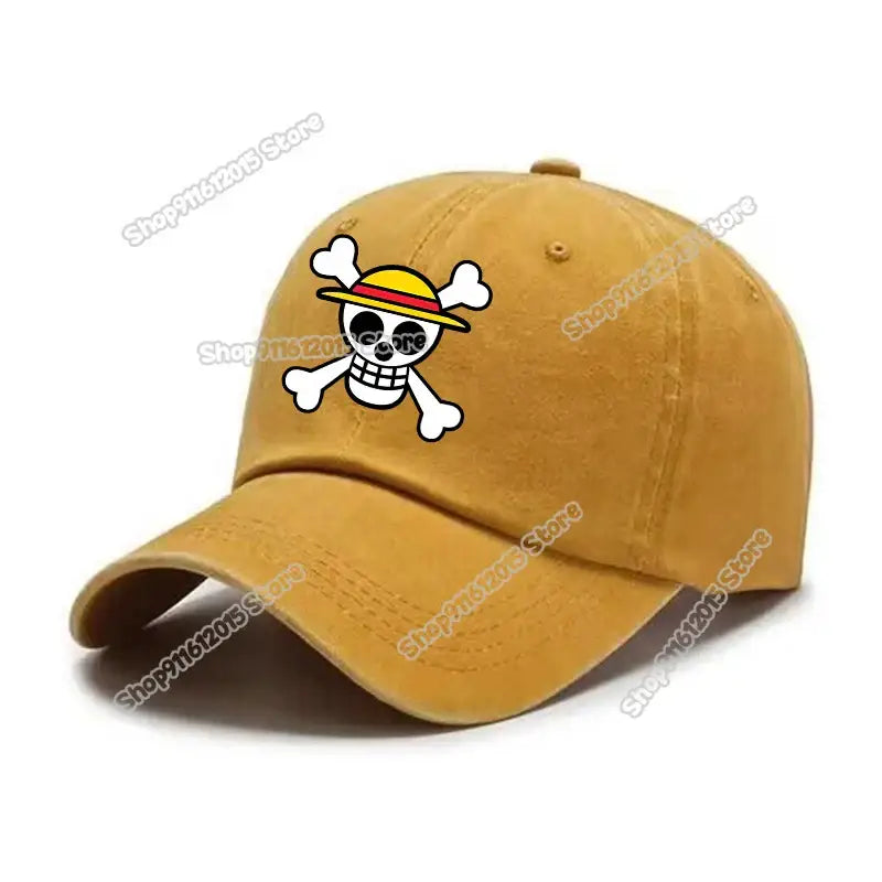 Mustard-colored washed retro baseball cap featuring one piece luffy skull and crossbones with yellow straw hat emblem