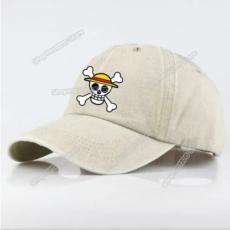Beige cotton washed retro baseball cap featuring embroidered skull and crossbones with yellow straw hat design