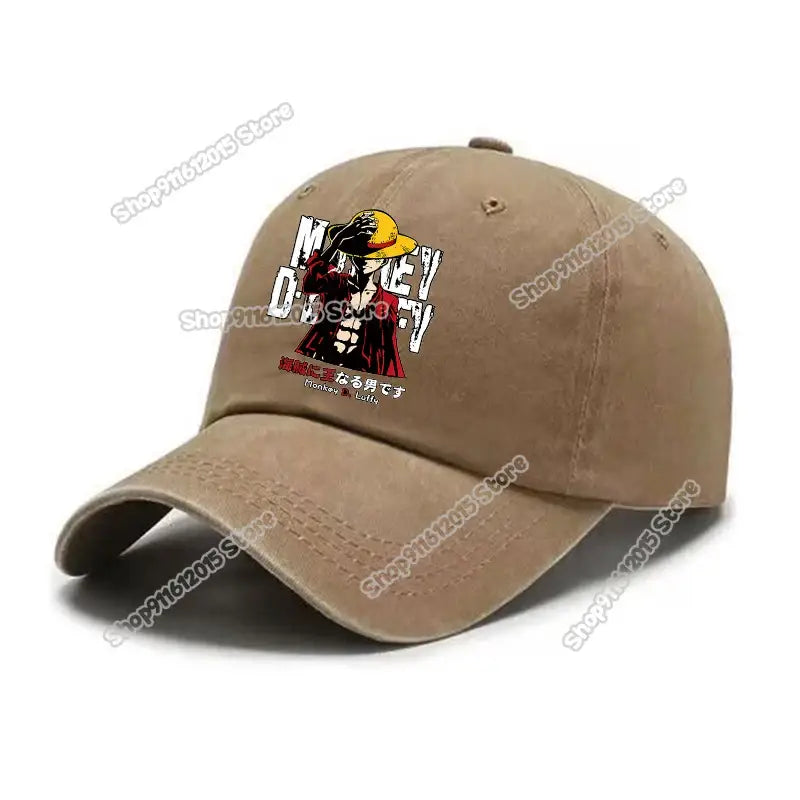 Tan washed retro baseball cap featuring a colorful monkey d graphic from One Piece Luffy in a washed retro style