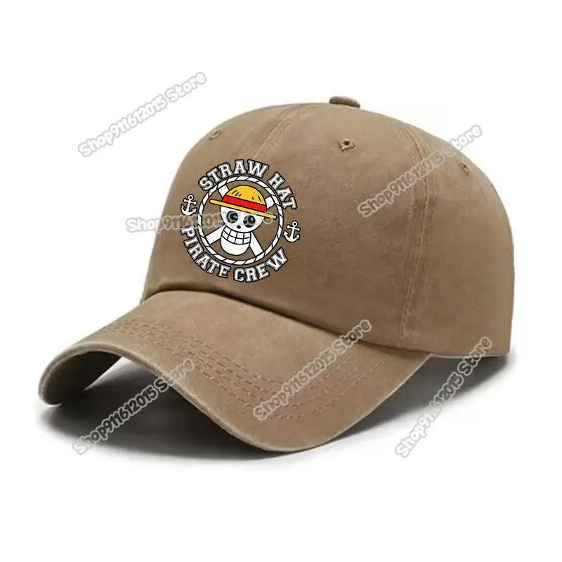 Tan one piece luffy baseball cap with circular embroidered straw hat pirate logo in a washed retro baseball style