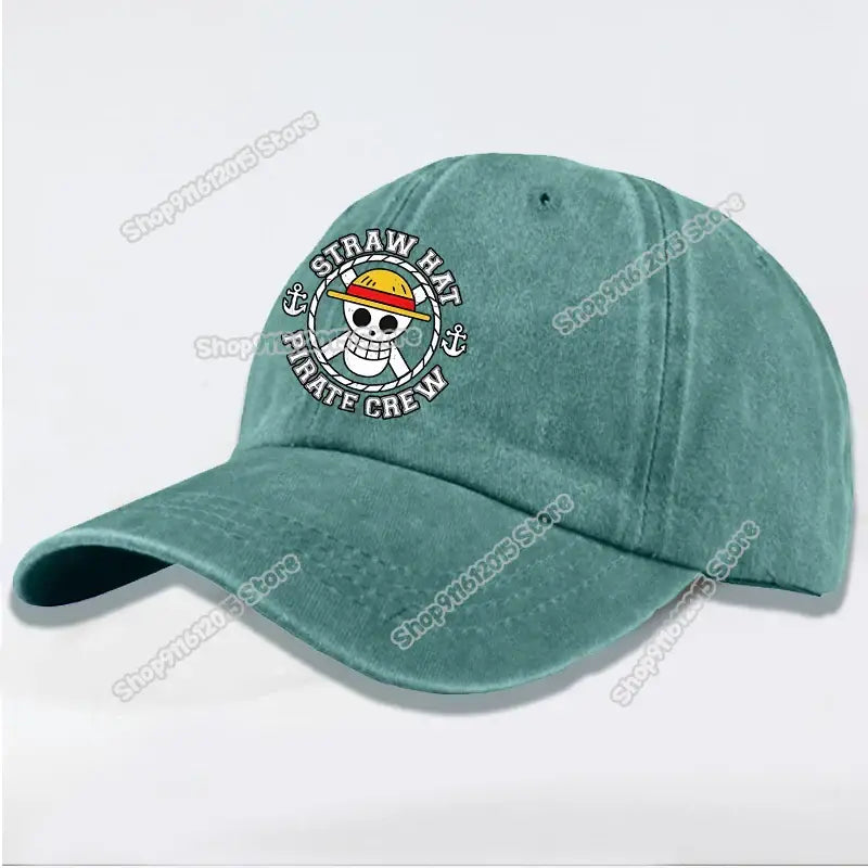 Teal washed retro baseball cap featuring an embroidered straw hat pirate crew logo from one piece
