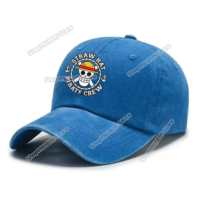 Blue cotton washed retro baseball cap featuring embroidered straw hat pirate crew skull and anchor logo