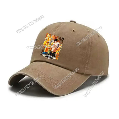 Tan washed retro baseball cap featuring a vibrant luffy graphic from one piece with flames design