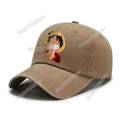 Tan washed retro baseball cap featuring a printed graphic of luffy from one piece with straw hat and red jacket