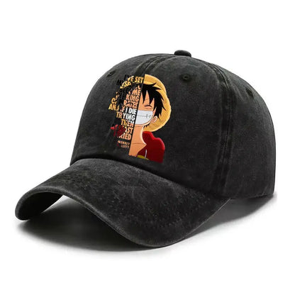 Black distressed washed retro baseball cap featuring a colorful monkey d graphic in one piece luffy style