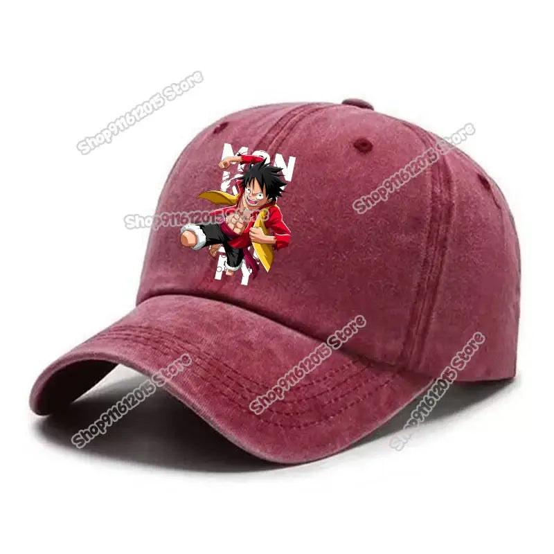 Maroon distressed cotton baseball cap featuring a printed one piece luffy anime design in washed retro style
