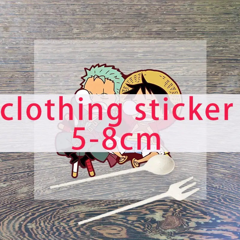Colorful cartoon sticker of two anime figures with spiky hair and straw hat for washed retro baseball cap use