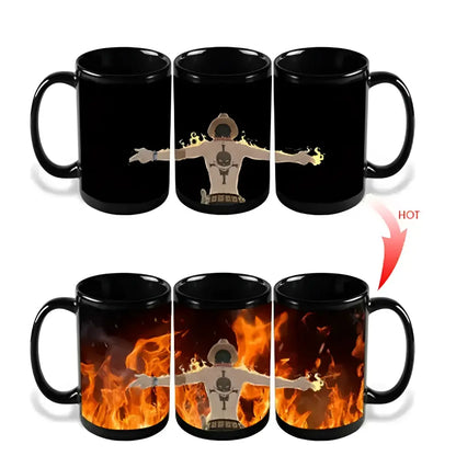 Black ceramic anime mug featuring heat-activated one piece luffy design with flames on arms when heated