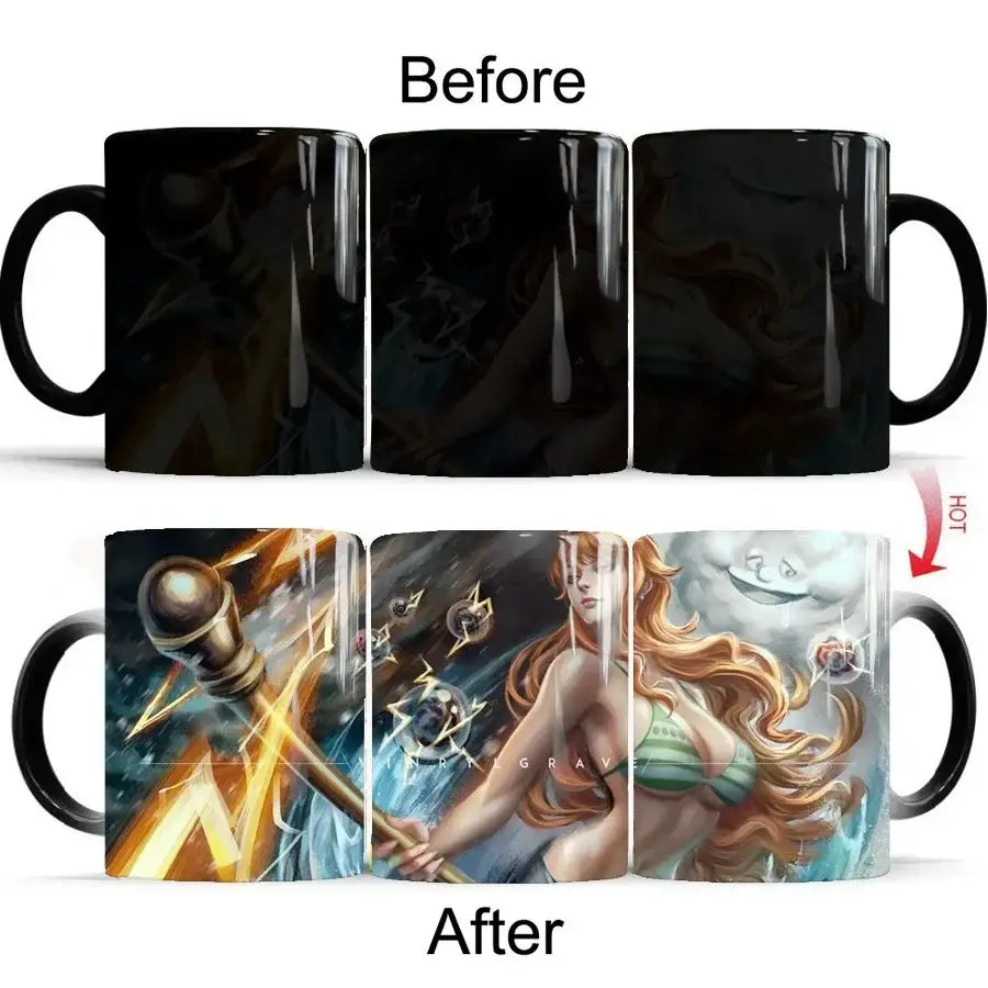 Black ceramic heat-change anime mug featuring a fantasy character in green and gold attire holding a staff