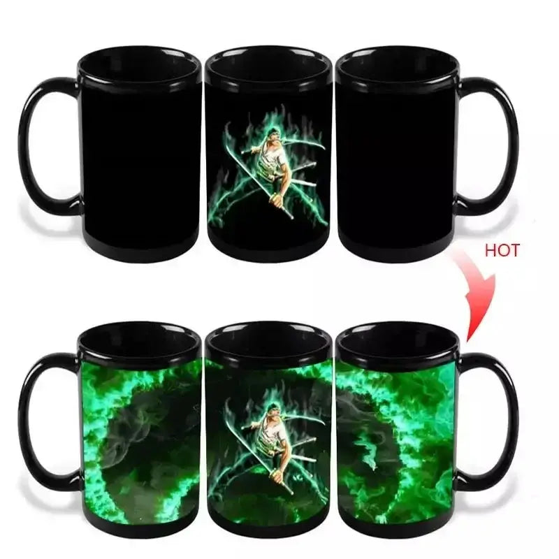 Black ceramic anime mug featuring heat-activated design of roronoa zoro with green flames and sword from one piece