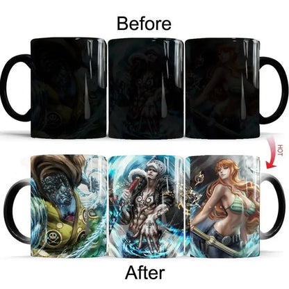 Black ceramic anime mug featuring heat-sensitive artwork revealing vibrant one piece luffy characters when warmed