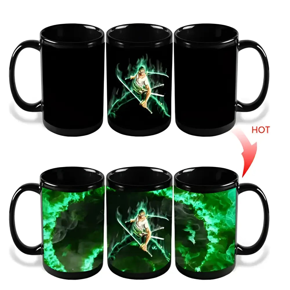 Black ceramic one piece luffy heat-change anime mug with green glow and dynamic action pose design