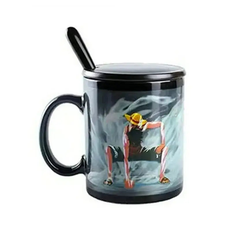 Black ceramic heat-change anime mug with lid spoon featuring colorful luffy illustration from one piece sitting on rocks