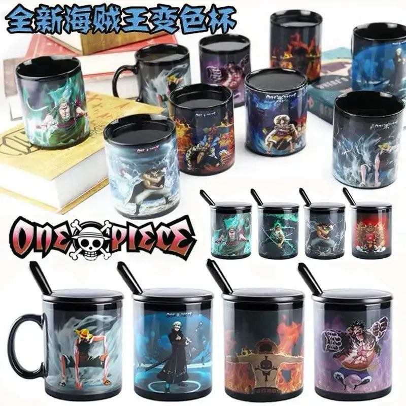 Black ceramic anime mug featuring colorful heat-sensitive one piece luffy character designs with matching lids
