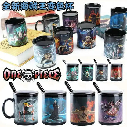 Black ceramic anime mug featuring colorful heat-sensitive one piece luffy character designs with matching lids