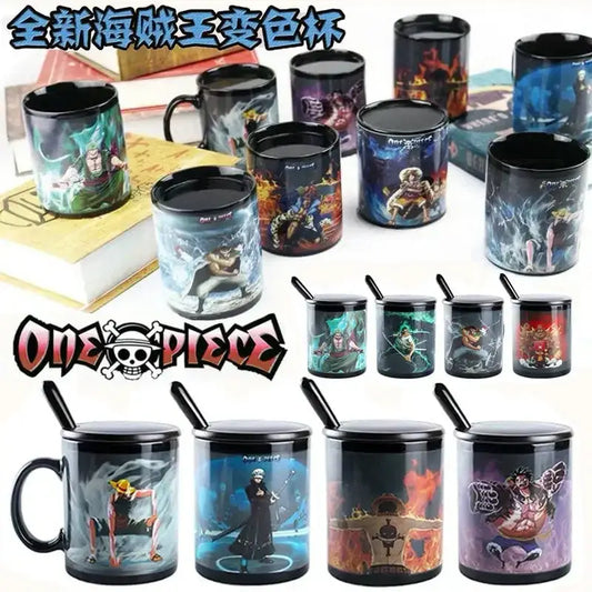 Black ceramic anime mug featuring colorful heat-sensitive one piece luffy character designs with matching lids