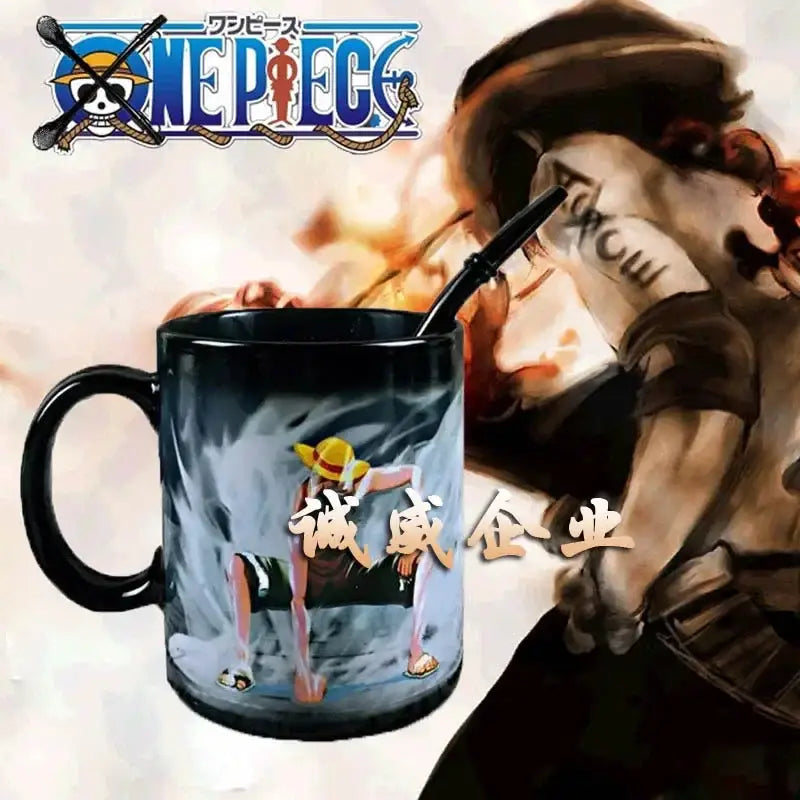 Black ceramic anime mug with heat-sensitive design revealing luffy illustration in blue and white from one piece
