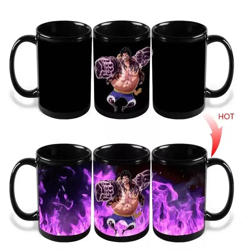 Black ceramic anime mug featuring a heat-activated design of one piece luffy revealing purple flames when heated