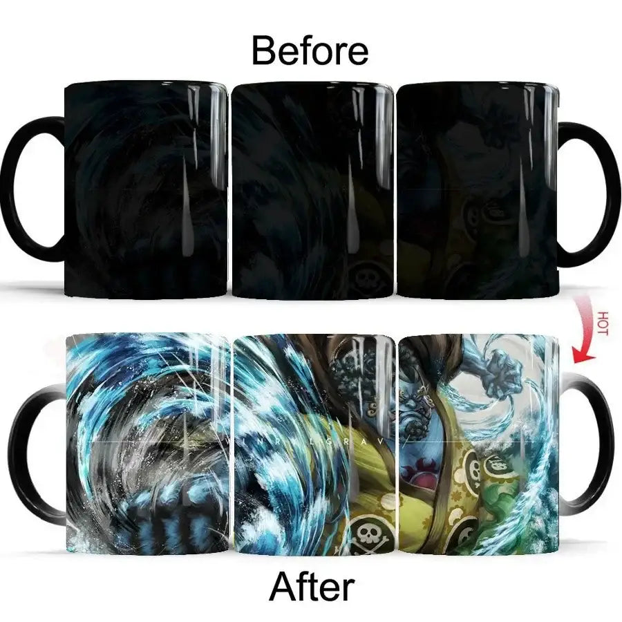 Black ceramic one piece luffy anime mug with heat-sensitive blue and green design revealed when warmed