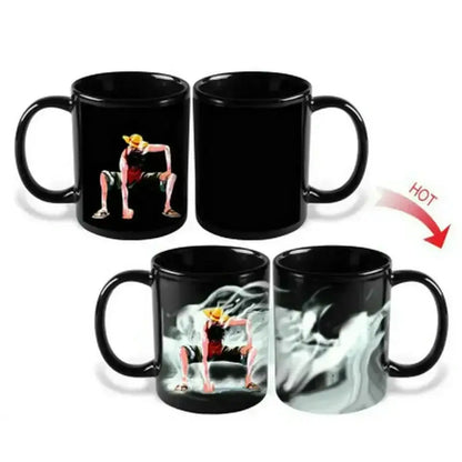 Black ceramic anime mug featuring heat-sensitive one piece luffy design that changes to swirling smoke when heated