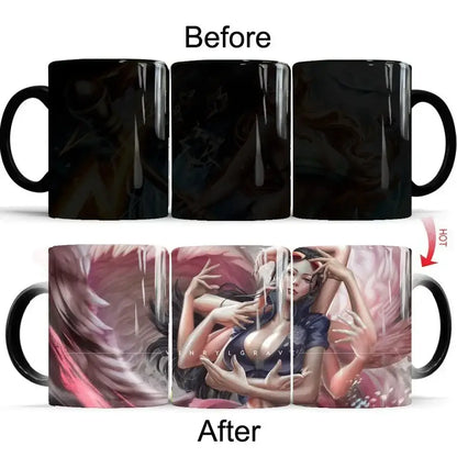 Black ceramic heat-change anime mug featuring detailed anime woman artwork with pink white swirling background