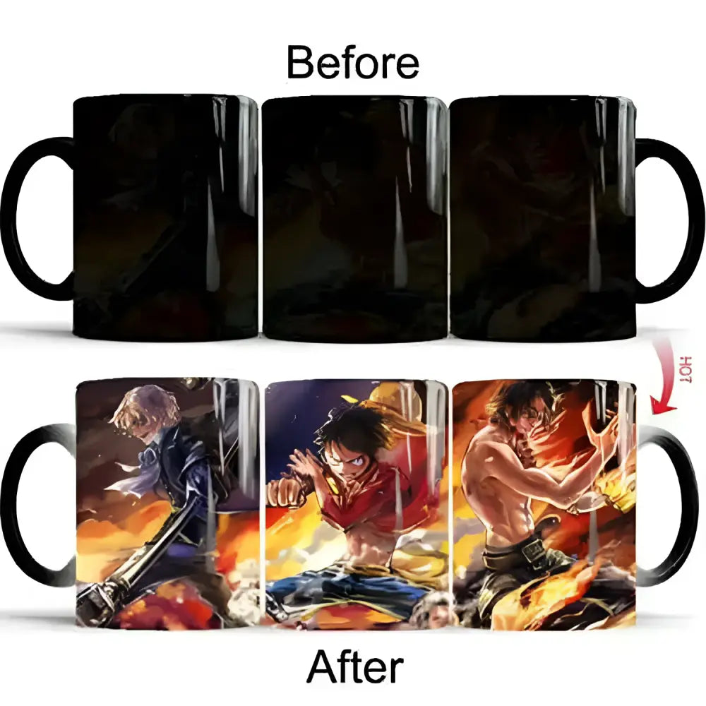 Black ceramic anime mug with heat-activated design revealing vibrant one piece luffy fiery scenes