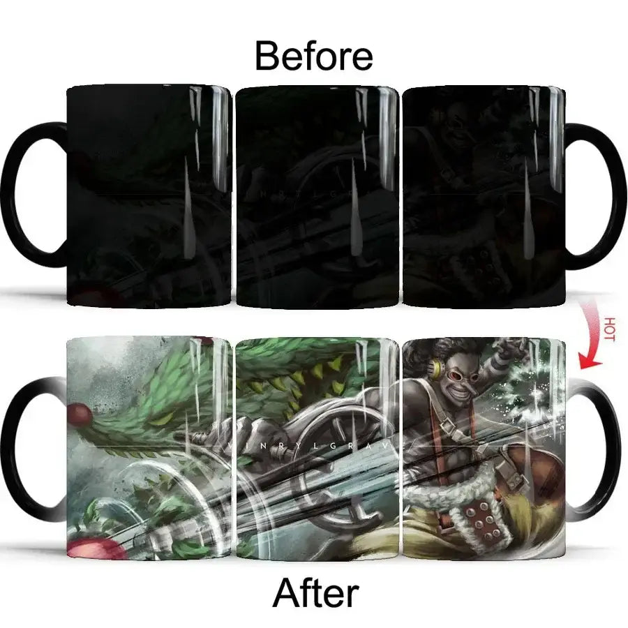Black ceramic one piece luffy anime mug with heat-activated vibrant artwork revealing detailed design when warmed