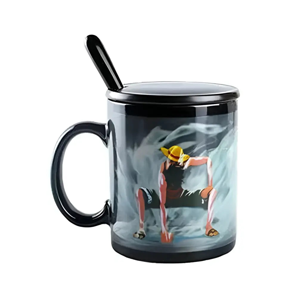Black ceramic heat-change anime mug with lid spoon featuring colorful luffy illustration from one piece on side