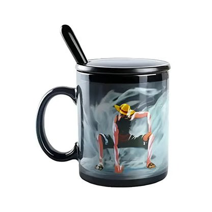 Black ceramic heat-change anime mug with lid spoon featuring colorful luffy illustration from one piece on side