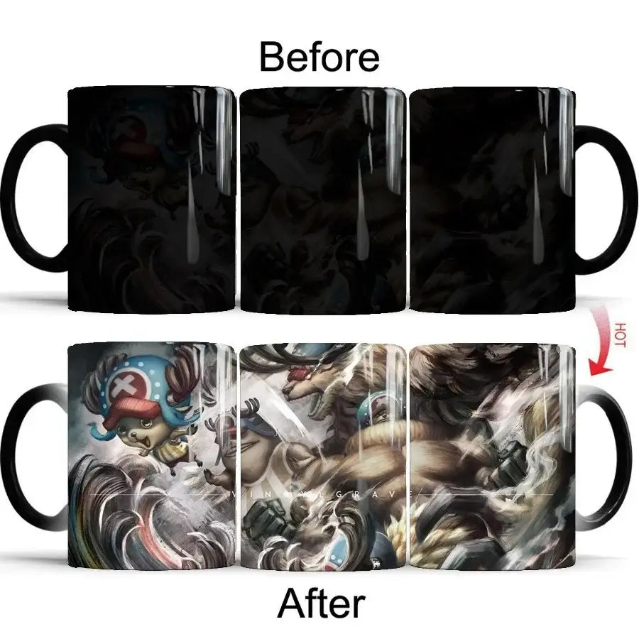Black ceramic anime mug featuring heat-sensitive one piece luffy design that reveals vibrant artwork when warmed