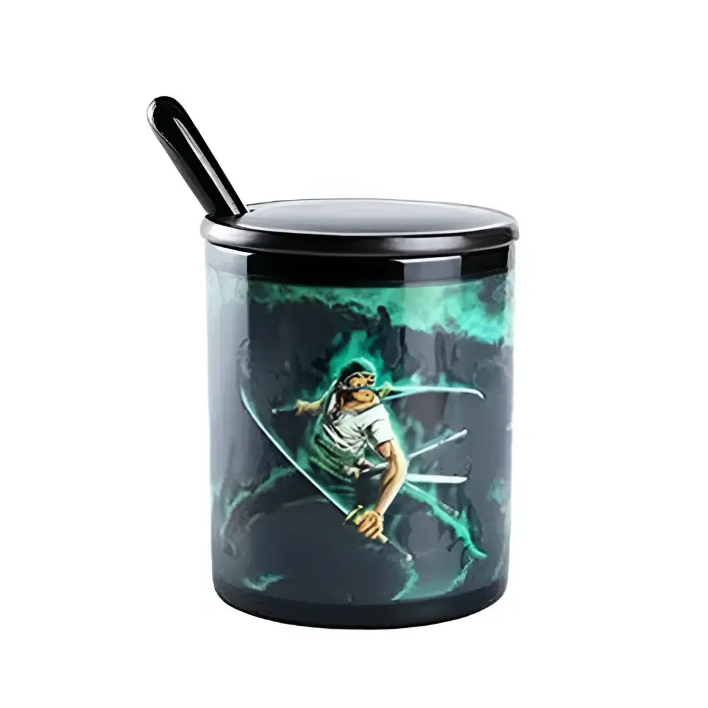 Black ceramic salt shaker with glossy finish and green anime character illustration for one piece luffy anime mug fans