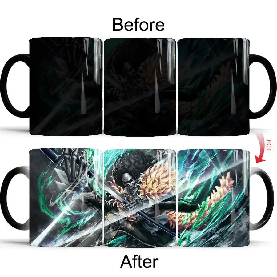 Black ceramic heat-change anime mug featuring vibrant green and orange one piece luffy character design
