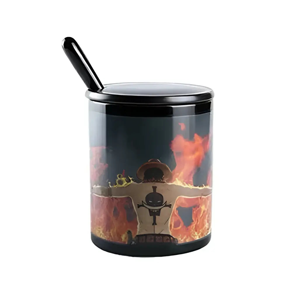 Black ceramic one piece luffy anime mug with glossy finish and vibrant straw hat pirates emblem with fiery flames