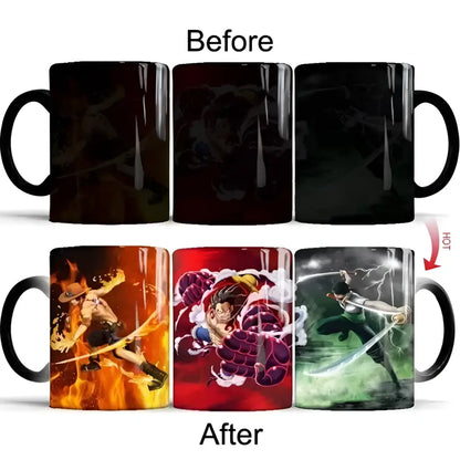 Black ceramic anime mug with heat-sensitive design revealing vibrant fiery luffy artwork when heated