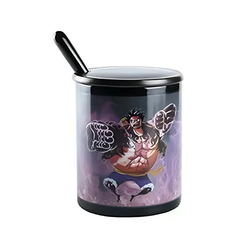 Black glossy ceramic heat-change anime mug featuring vibrant monkey d luffy illustration from one piece