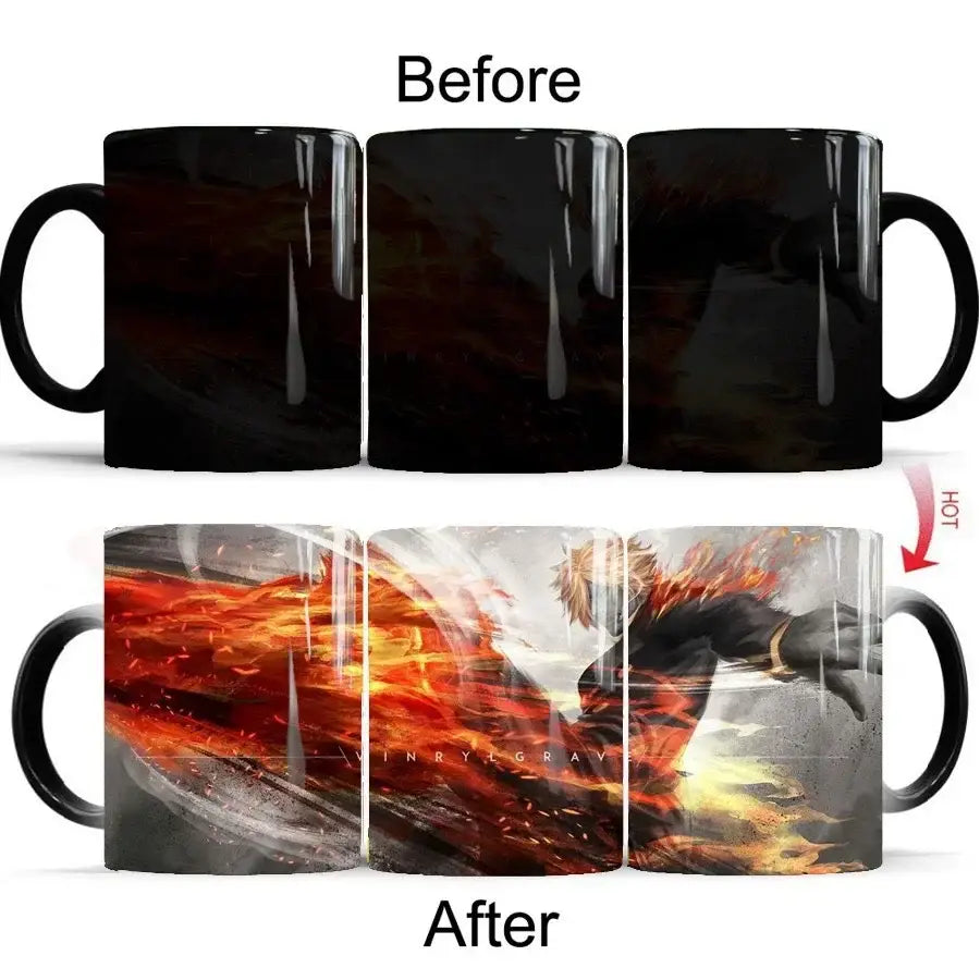 Black ceramic one piece luffy anime mug with heat-sensitive ink revealing vinry grav fiery illustration