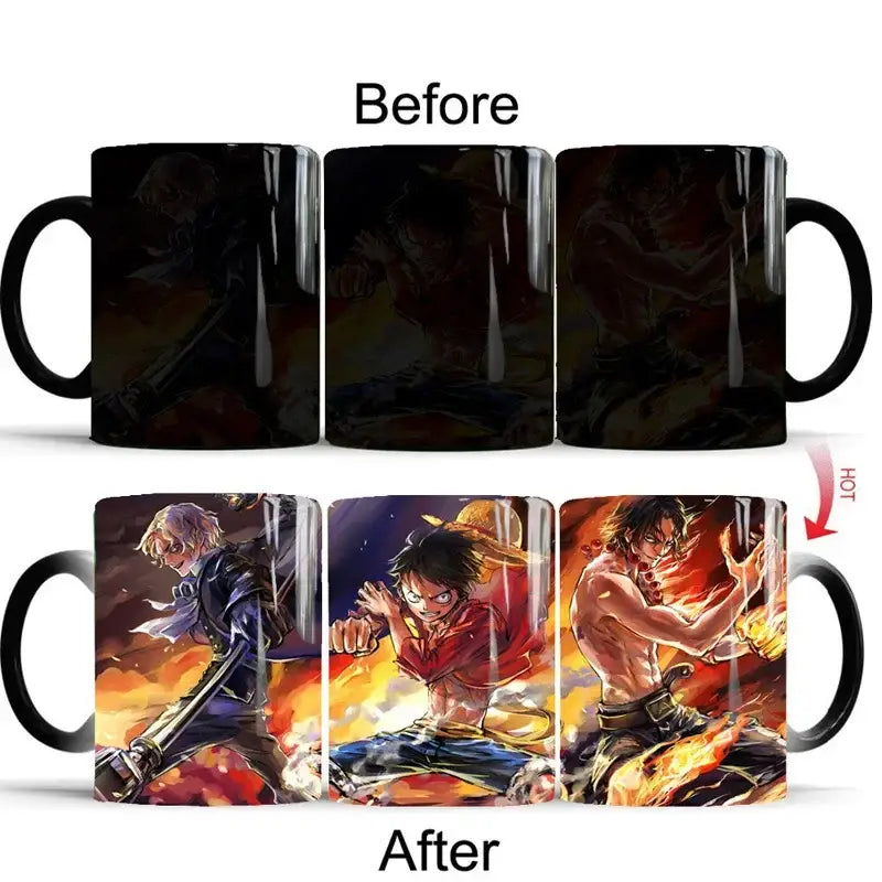 Black ceramic anime mug with heat-sensitive One Piece Luffy design revealing characters when warmed