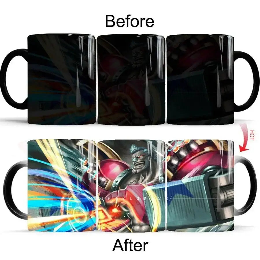 Black ceramic one piece luffy heat-change anime mug with stylized muscular character in red gold armor and energy background