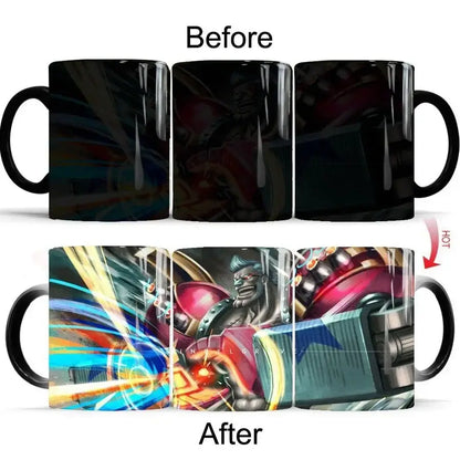 Black ceramic one piece luffy heat-change anime mug with stylized muscular character in red gold armor and energy background