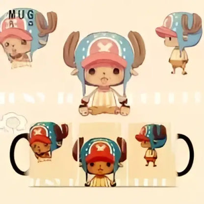 White ceramic anime mug featuring colorful cartoon tony tony chopper from one piece with heat-change design