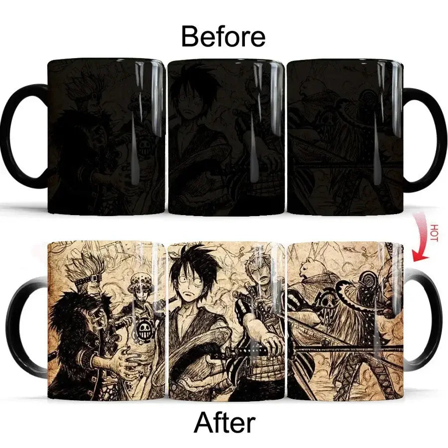 Black ceramic anime mug with heat-sensitive design revealing sepia-toned one piece luffy characters when warmed