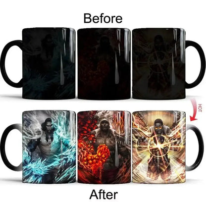 Three black ceramic one piece luffy anime mugs with heat-sensitive designs revealing vibrant elemental artwork