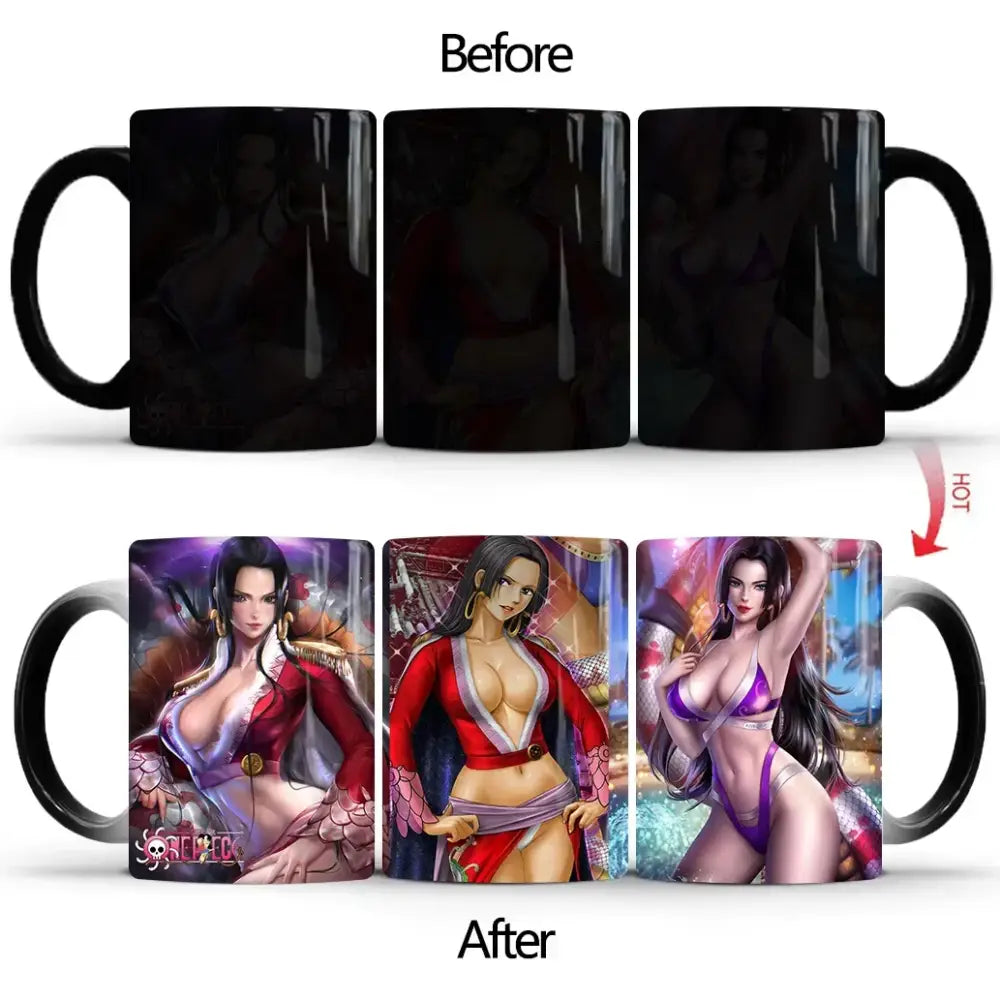 Black ceramic anime mug featuring One Piece Luffy heat-change design revealing vibrant colors when heated