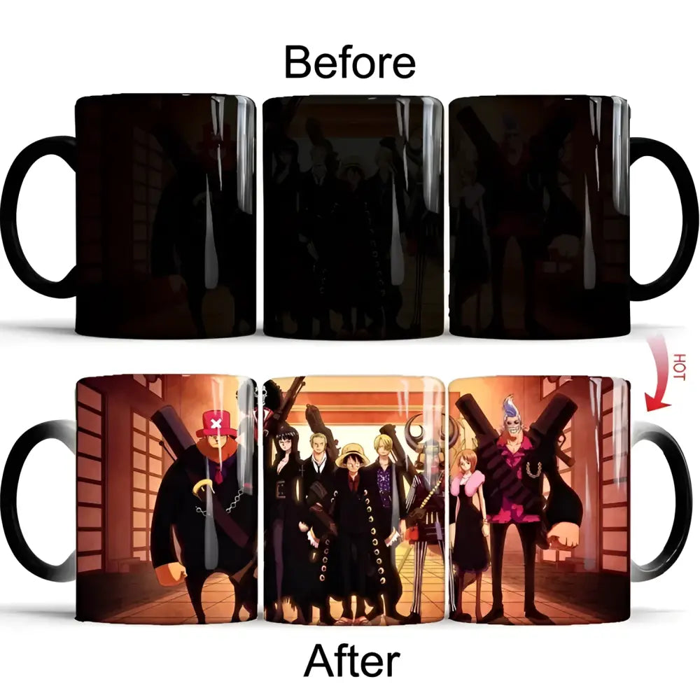 Black ceramic heat-change anime mug revealing colorful one piece luffy illustration when hot