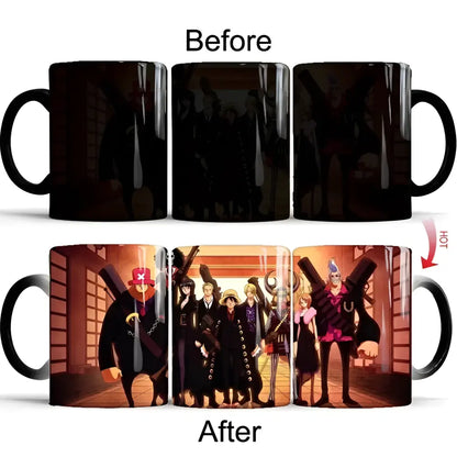 Black ceramic heat-change anime mug revealing colorful one piece luffy illustration when hot
