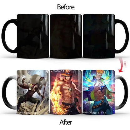 Black ceramic one piece luffy heat-change mug revealing vibrant anime character designs when heated anime mug