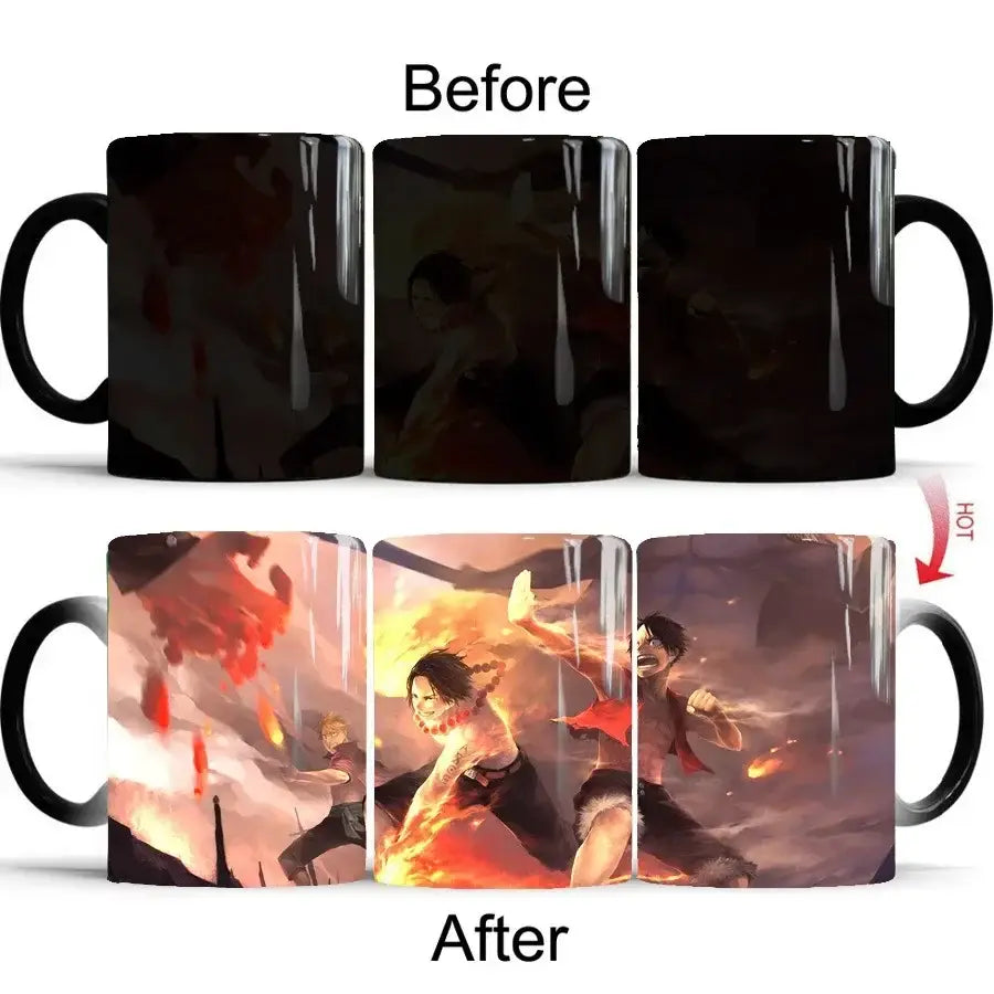 Black ceramic one piece luffy heat-change anime mug revealing vibrant fiery action scene when hot