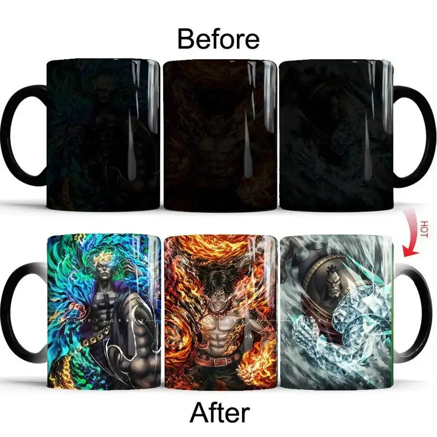 Black ceramic anime mug featuring heat-sensitive full-color artwork of One Piece Luffy that changes when heated