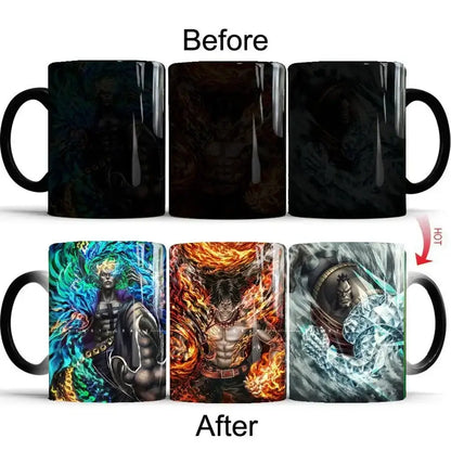 Black ceramic anime mug featuring heat-sensitive full-color artwork of One Piece Luffy that changes when heated