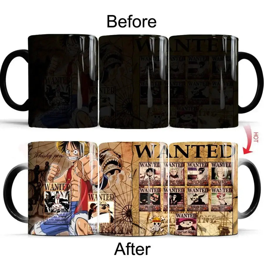 Black ceramic anime mug with heat-sensitive design revealing vibrant One Piece Luffy wanted poster when heated